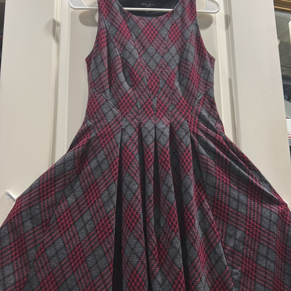Nine West Plaid Fit&Flare pleat sleeveless thick dress stretch sideZip pockets 4